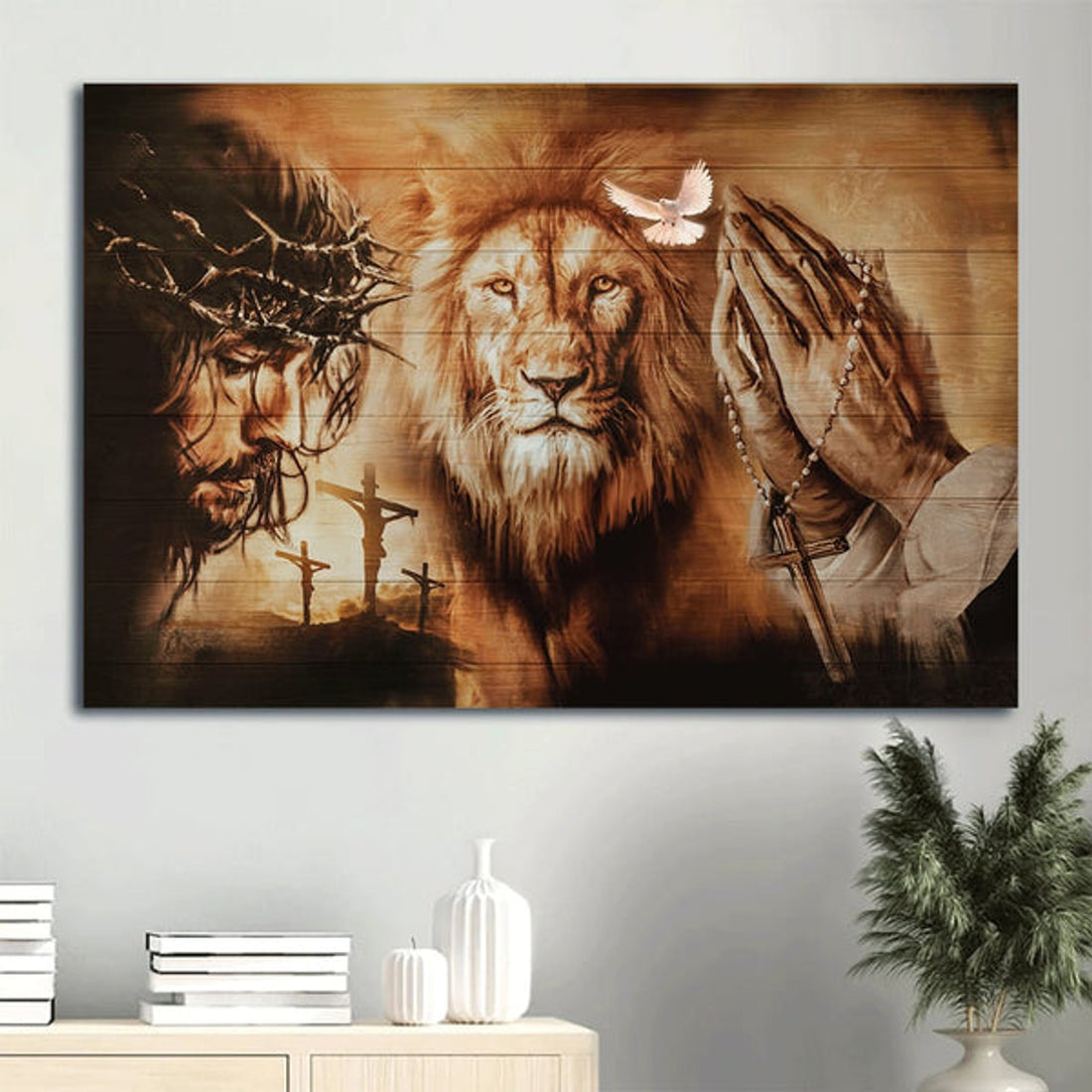 Angry Lion The Face Of Jesus Jesus On The Cross Pray For Healing Canvas Wall Art - Christian Wall Decor