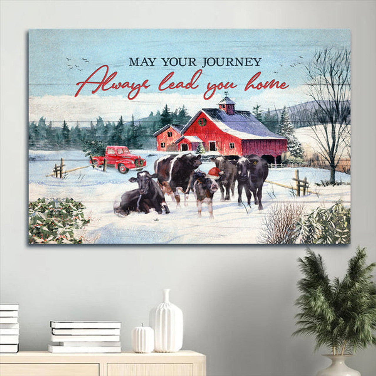 Angus Aberdeen Winter Farm Red Barn May Your Journey Always Lead You Home Canvas Wall Art - Christian Wall Decor