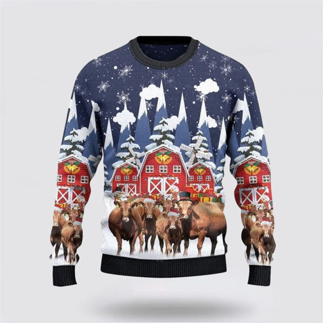 FUNSTUFFPRINT Angus Cattle Red Barn Farm Ugly Christmas Sweater, Farm Sweater, Christmas Gift, Best Winter Outfit Christmas Ugly Sweater