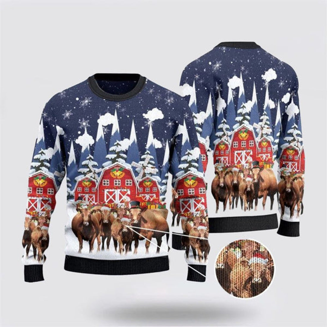 FUNSTUFFPRINT Angus Cattle Red Barn Farm Ugly Christmas Sweater, Farm Sweater, Christmas Gift, Best Winter Outfit Christmas Ugly Sweater