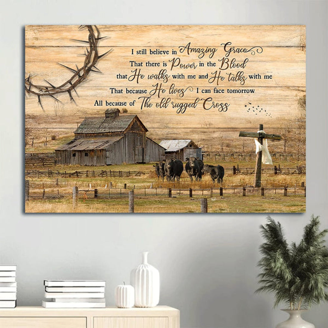Angus Cows With Country Tranquil Farm Wooden Cross I Still Believe In Amazing Grace Canvas Wall Art - Christian Wall Decor