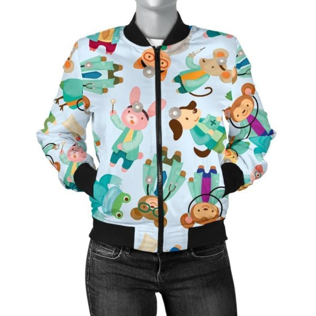FUNSTUFFPRINT Animal Nurse Pattern Print Women Casual 3D Bomber Jacket