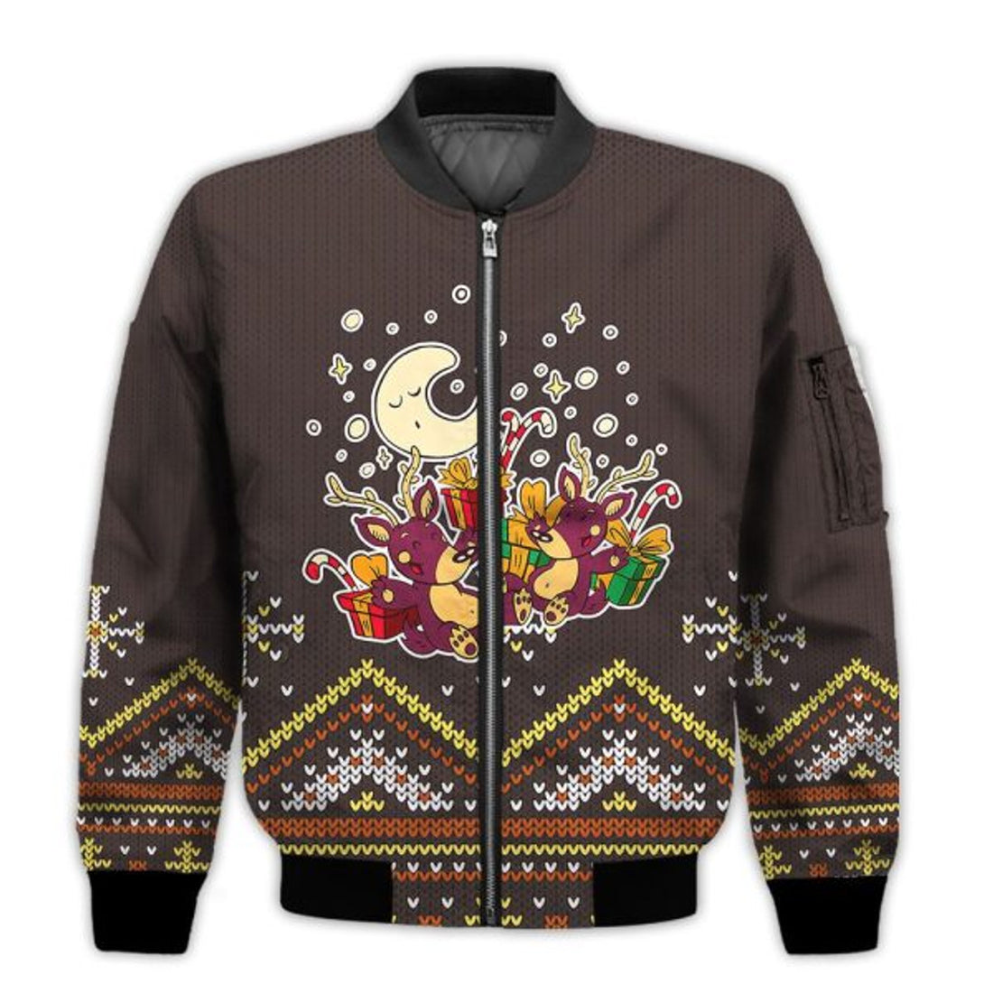 FUNSTUFFPRINT Animal Print Bomber Jacket - Cute Christmas Purple Reindeer Pattern Brown 3D Bomber Jacket - Gift For Christmas 3D Bomber Jacket