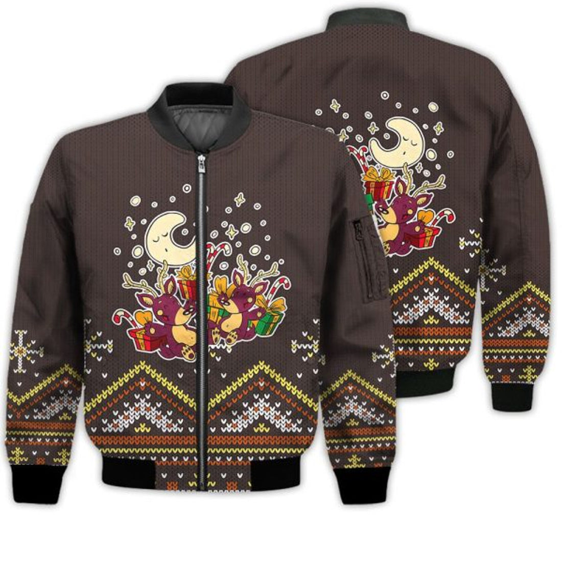 FUNSTUFFPRINT Animal Print Bomber Jacket - Cute Christmas Purple Reindeer Pattern Brown 3D Bomber Jacket - Gift For Christmas 3D Bomber Jacket