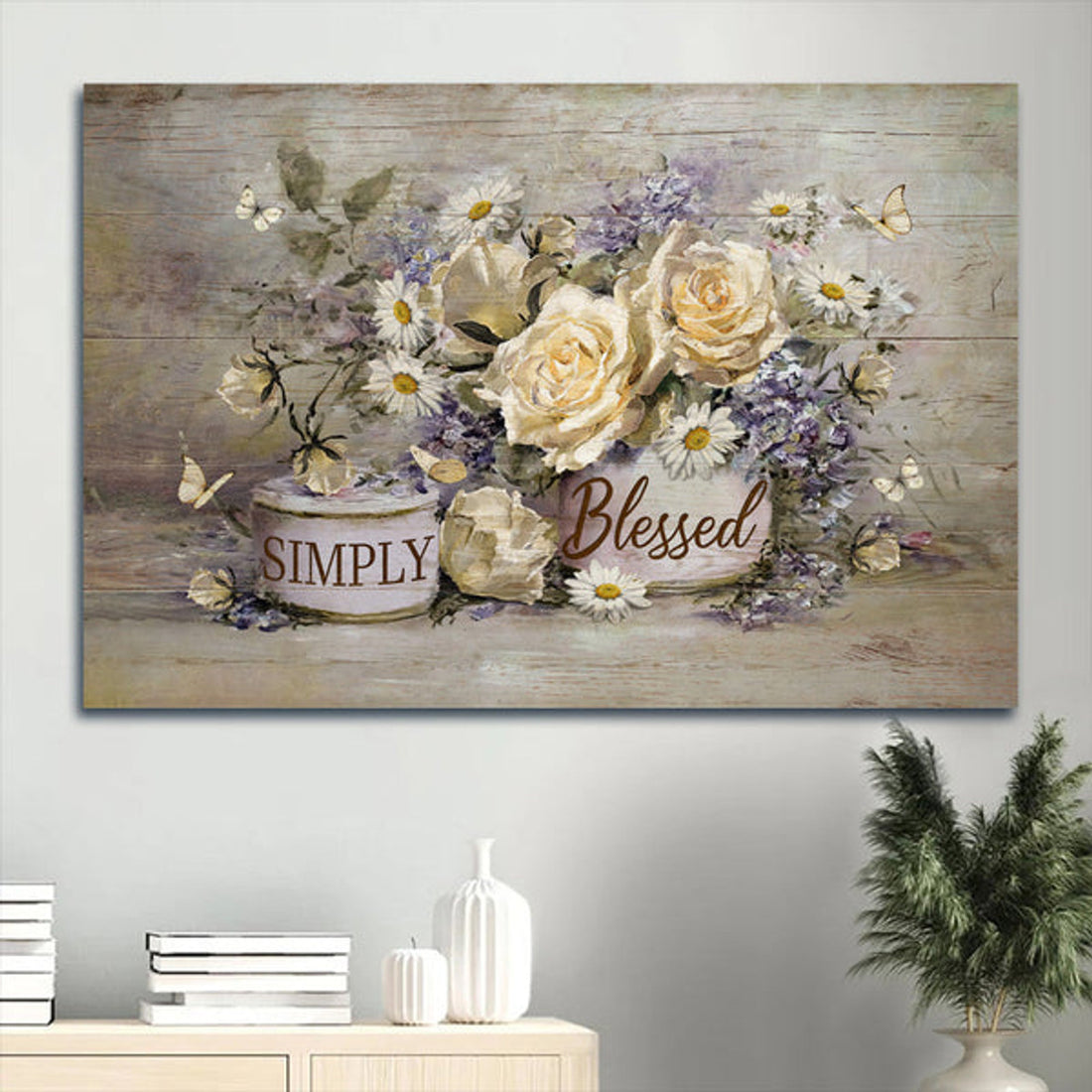 Antique Artwork Vintage Flower Yellow Butterfly Simply Blessed Canvas Wall Art - Christian Wall Decor