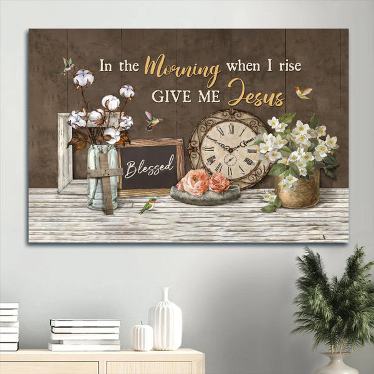 Antique Clock Cotton Flower Jasmine In The Morning When I Rise Canvas Wall Art - Christian Wall Decor