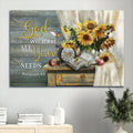 Antique Clock Sunflower Vase Old Bible God Will Meet All Your Needs Canvas Wall Art - Christian Wall Decor