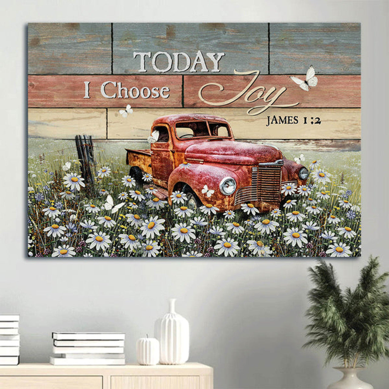 Antique Ladybug Car Daisy Field White Butterfly Today I Choose Joy Canvas Wall Art - Christian Wall Decor