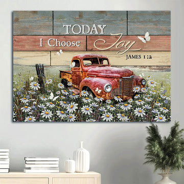 Antique Ladybug Car Daisy Field White Butterfly Today I Choose Joy Canvas Wall Art - Christian Wall Decor