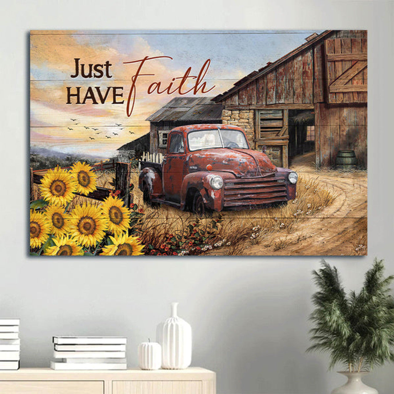 Antique Ladybug Car Old Farm Sunflower Garden Just Have Faith Canvas Wall Art - Christian Wall Decor