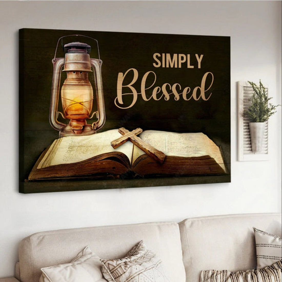 Antique Lantern Vintage Bible Cross Drawing Simply Blessed Canvas Wall Art - Christian Poster - Religious Wall Decor