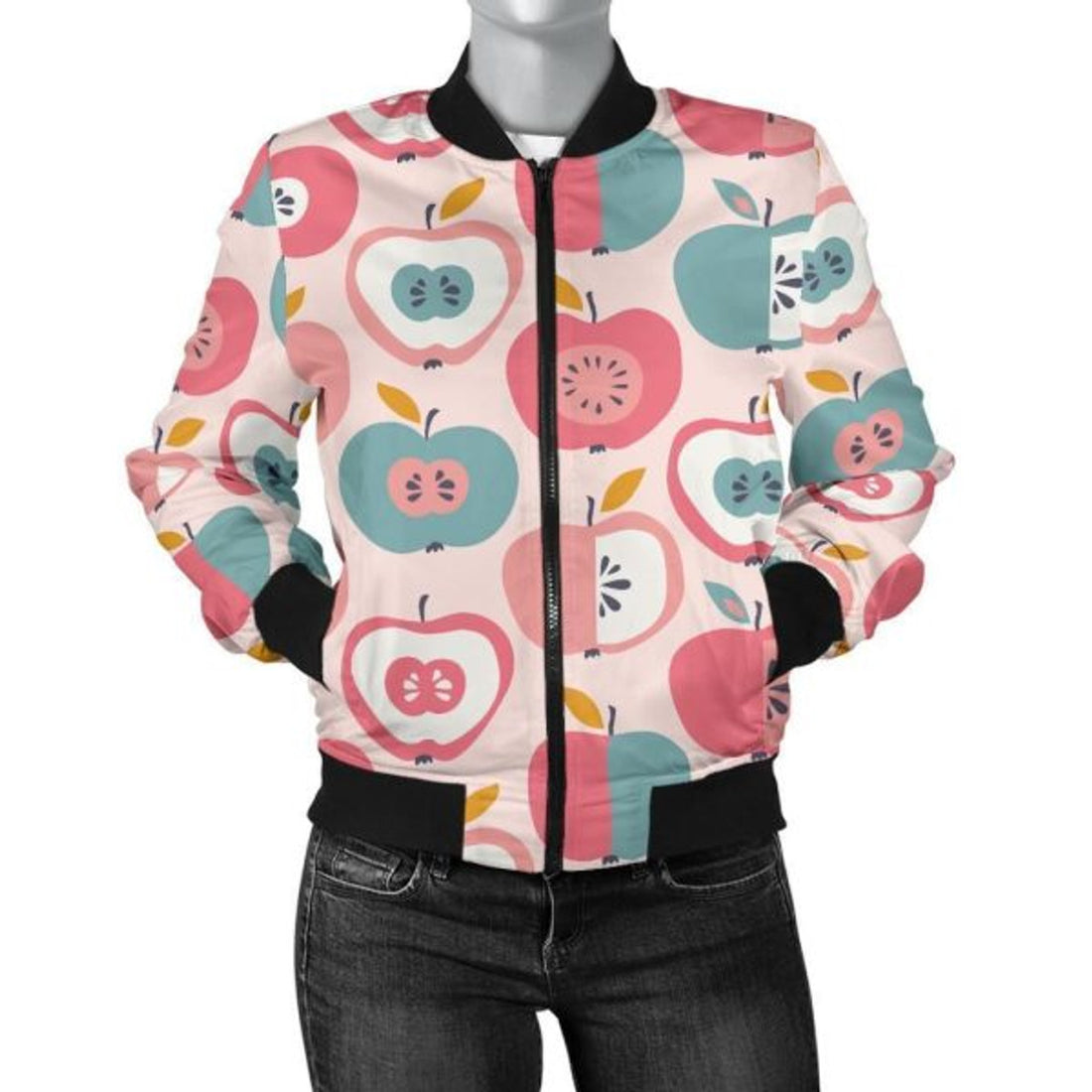 FUNSTUFFPRINT Apple Pattern Print Women Casual 3D Bomber Jacket