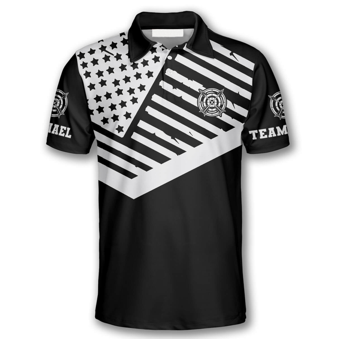 Custom Black White American Flag Custom Archery Polo Shirts for Men, Flag American Archery Shirt