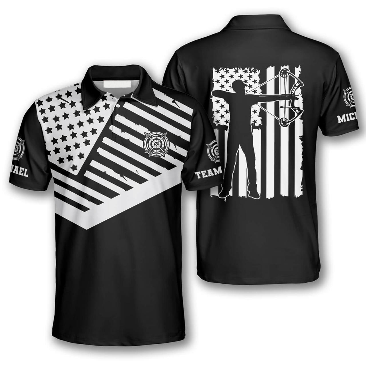 Custom Black White American Flag Custom Archery Polo Shirts for Men, Flag American Archery Shirt