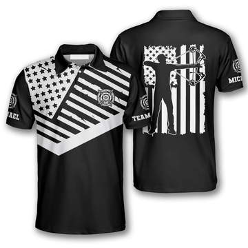 Custom Black White American Flag Custom Archery Polo Shirts for Men, Flag American Archery Shirt