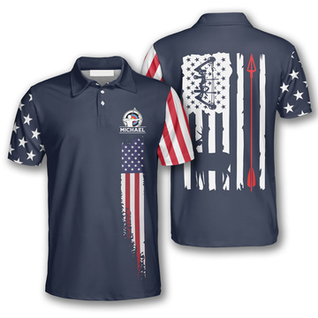 Custom Navy American Flag Custom Archery Shirts for Men, Archery Flag American Polo Shirt, Uniform for Archery Player