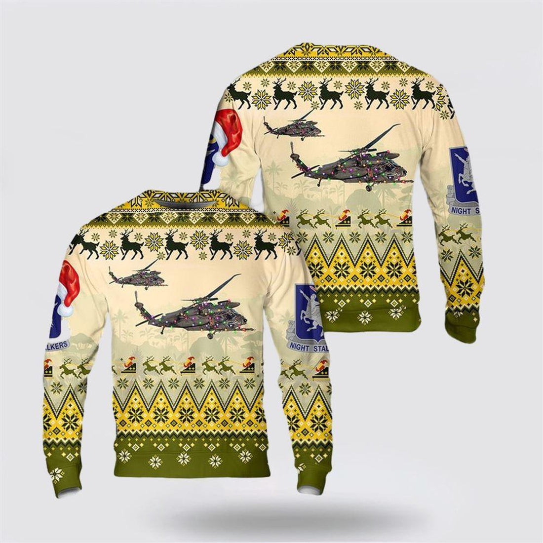 FUNSTUFFPRINT Army Sweater, US Army 160th SOAR MH 60K Black Hawk Christmas AOP Sweater  Ugly  Sweater
