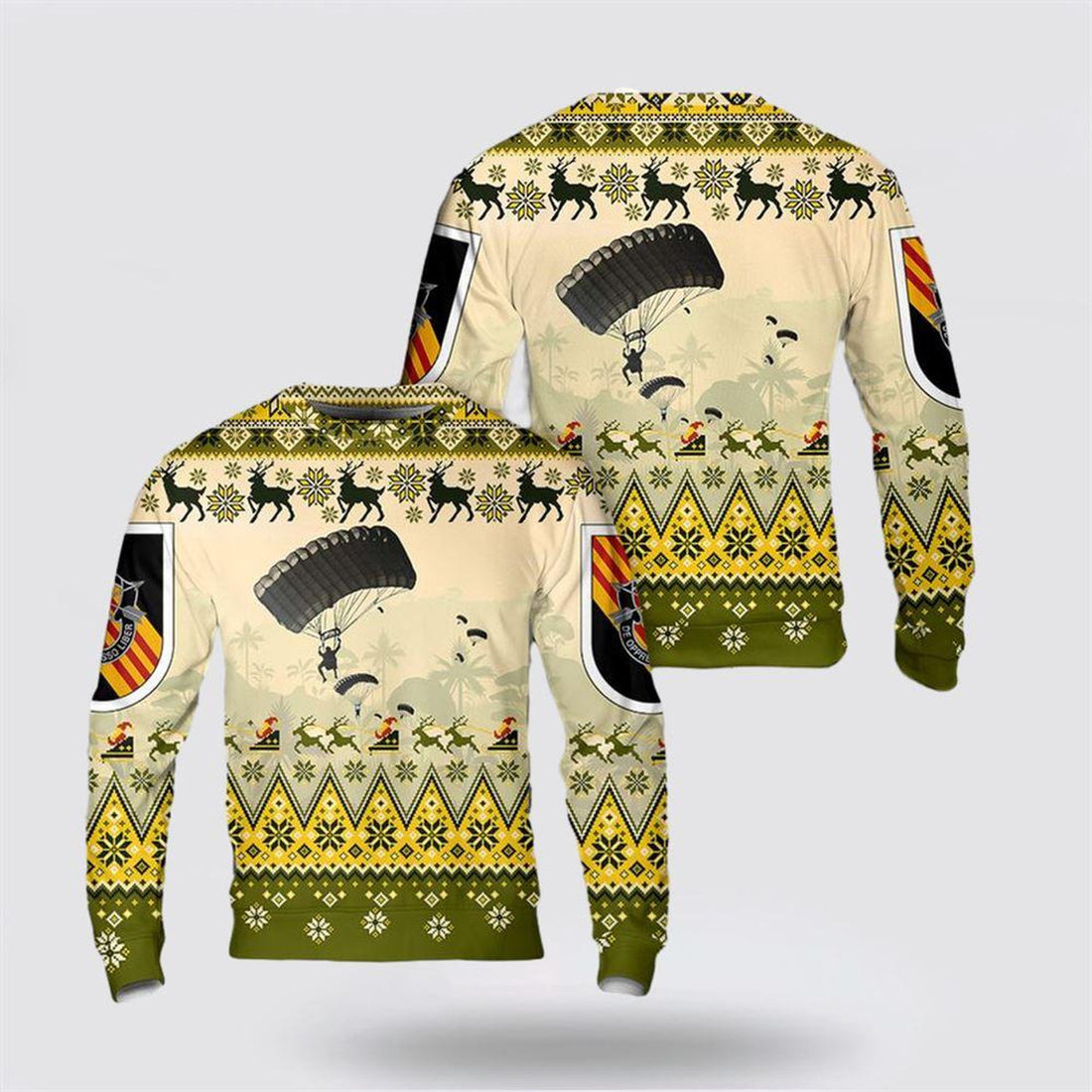 FUNSTUFFPRINT Army Sweater, US Army Paratroopers With The 5th Special Forces Group (Airborne) (5th SFG (A)) Parachute Christmas Sweater Ugly Sweater