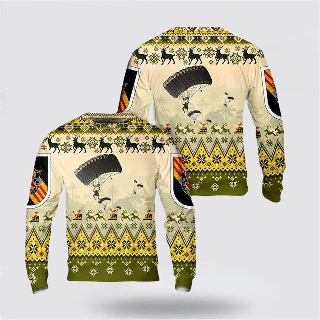 FUNSTUFFPRINT Army Sweater, US Army Paratroopers With The 5th Special Forces Group (Airborne) (5th SFG (A)) Parachute Christmas Sweater Ugly Sweater