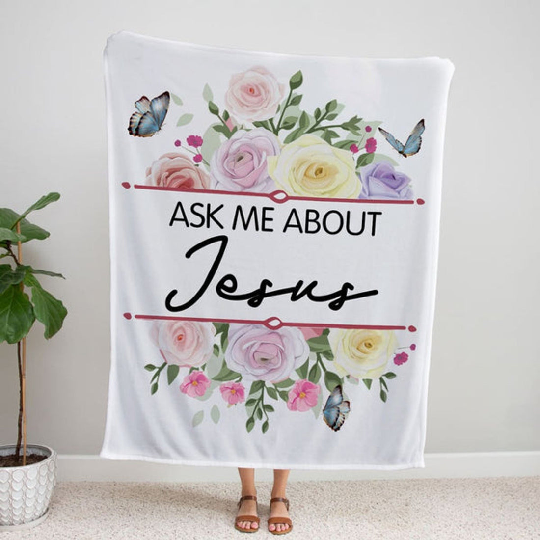 FUNSTUFFPRINT Ask Me About Jesus Fleece Blanket - Christian Blanket - Bible Verse Blanket