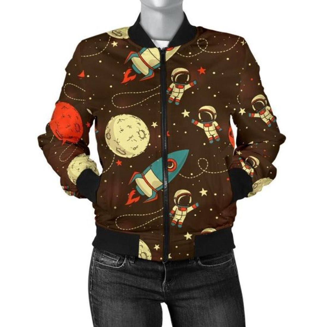 FUNSTUFFPRINT Astronaut Space Pattern Print Women Casual 3D Bomber Jacket
