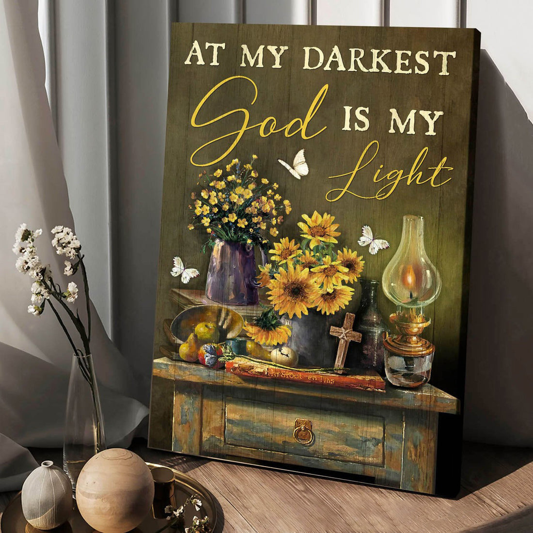 At My Darkest God Is My Light, Butterfly Sunflower Poster and Canvas