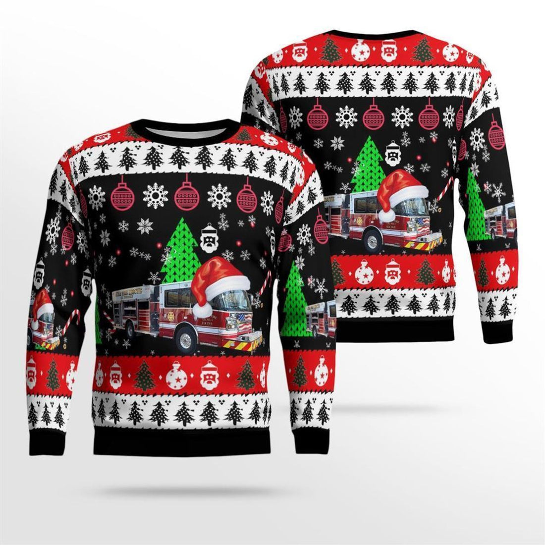 FUNSTUFFPRINT Aura Volunteer Fire Company No. 1, Monroeville, NJ Christmas AOP Ugly Sweater - Gifts For Firefighters In Monroeville, NJ Ugly Sweater