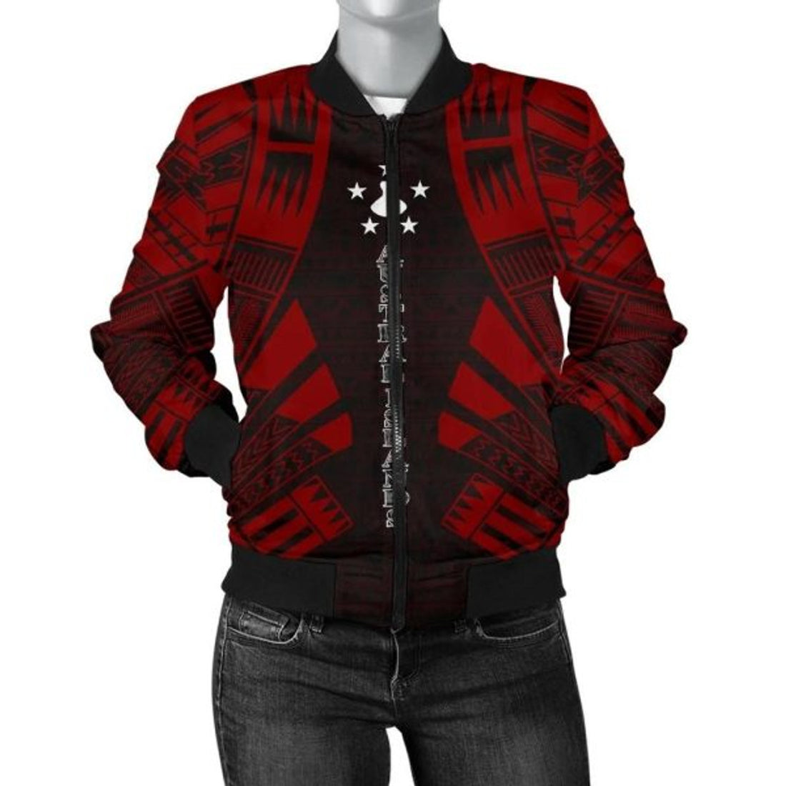 FUNSTUFFPRINT Austral Islands Women Bomber Jacket - Polynesian Tattoo Red - 10 3D Bomber Jacket