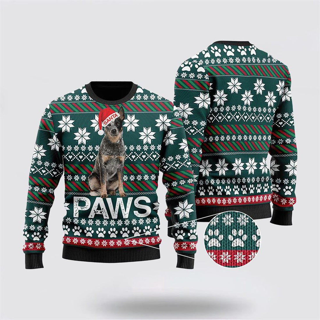 FUNSTUFFPRINT Australian Cattle Dog Santa Printed Christmas Ugly Sweater - Dog Lover Christmas Sweater Ugly Sweater