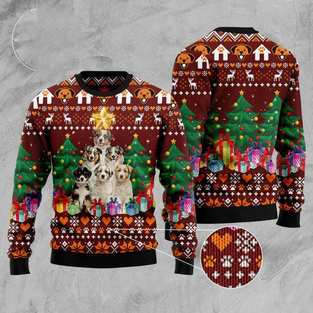 FUNSTUFFPRINT Australian Shepherd Pine Tree Ugly Christmas Sweater, Xmas Tree Sweater, Christmas Sweater Ugly Sweater