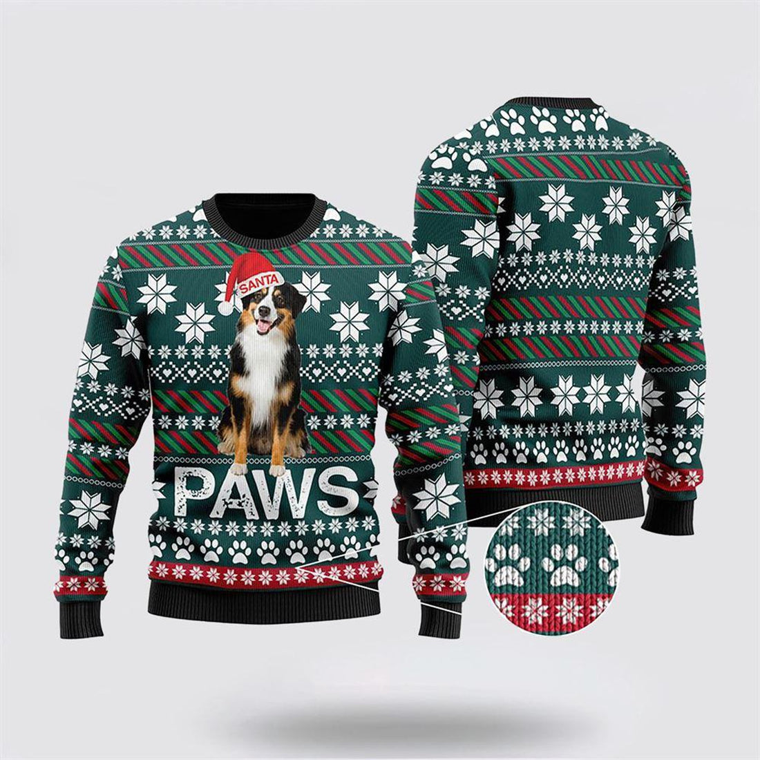 FUNSTUFFPRINT Australian Shepherd Santa Printed Christmas Ugly Sweater - Pet Lover Christmas Sweater Ugly Sweater