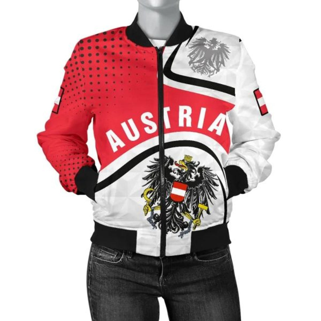 FUNSTUFFPRINT Austria Women's Bomber Jacket - Austrian Coat Of Arms and Flag - 3D Bomber Jacket