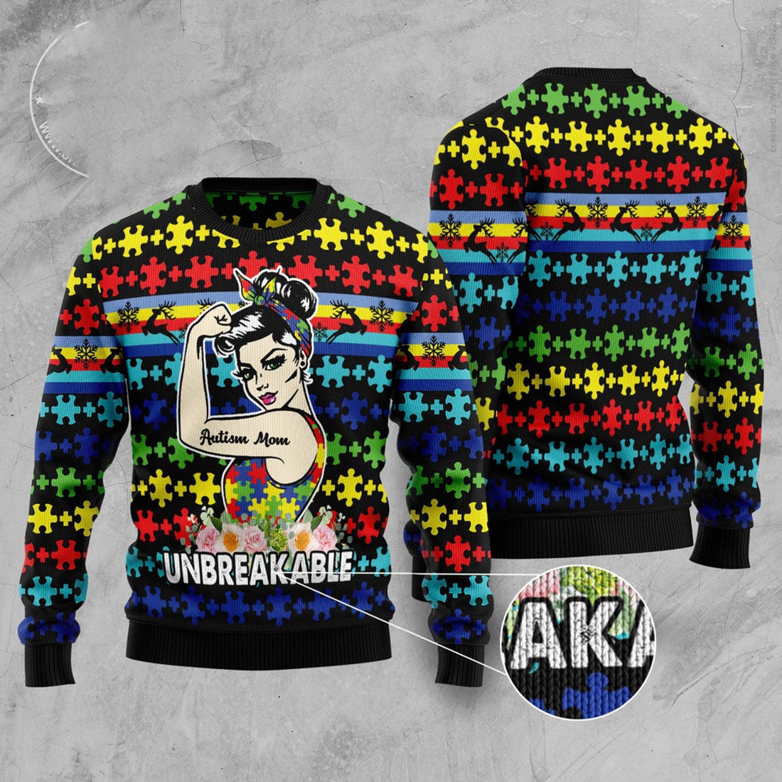 FUNSTUFFPRINT Autism Mom Unbreakable Ugly Christmas Sweater, Christmas Sweater, Ugly Sweater, Funny Xmas Sweaters Ugly Sweater