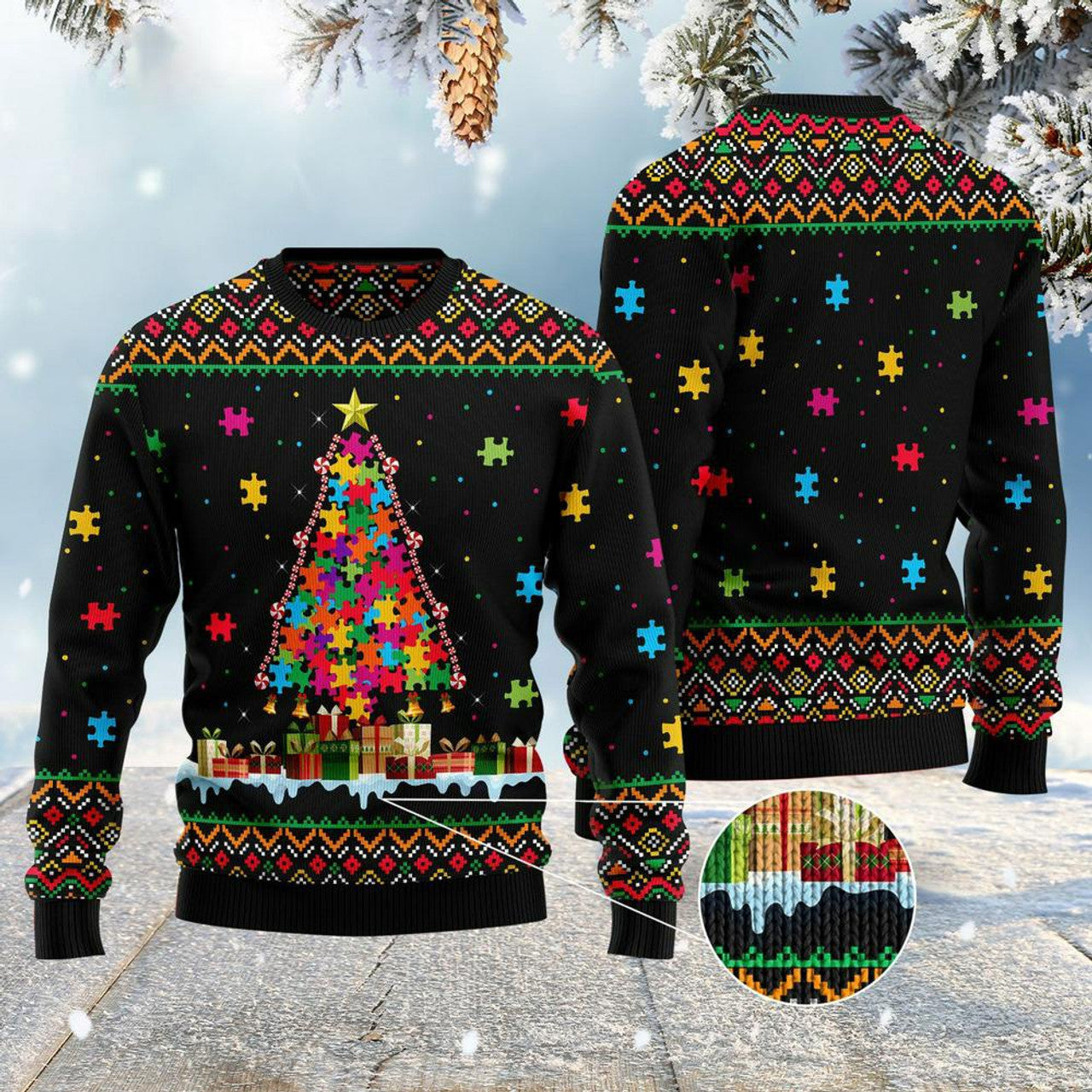FUNSTUFFPRINT Autism Tree Christmas Ugly Christmas Sweater, Xmas Tree Sweater, Christmas Sweater Ugly Sweater