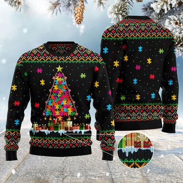 FUNSTUFFPRINT Autism Tree Christmas Ugly Christmas Sweater, Xmas Tree Sweater, Christmas Sweater Ugly Sweater