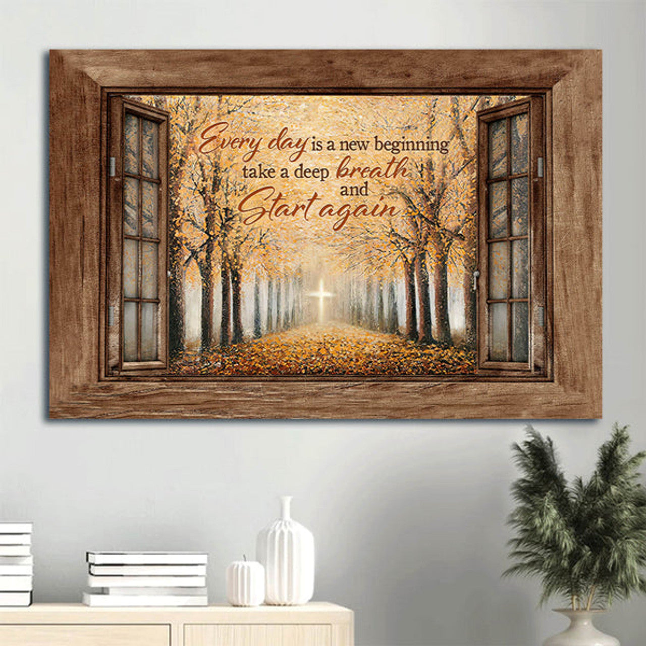 Autumn Forest Yellow Leaf Golden Cross Every Day Is A New Beginning Canvas Wall Art - Christian Wall Decor