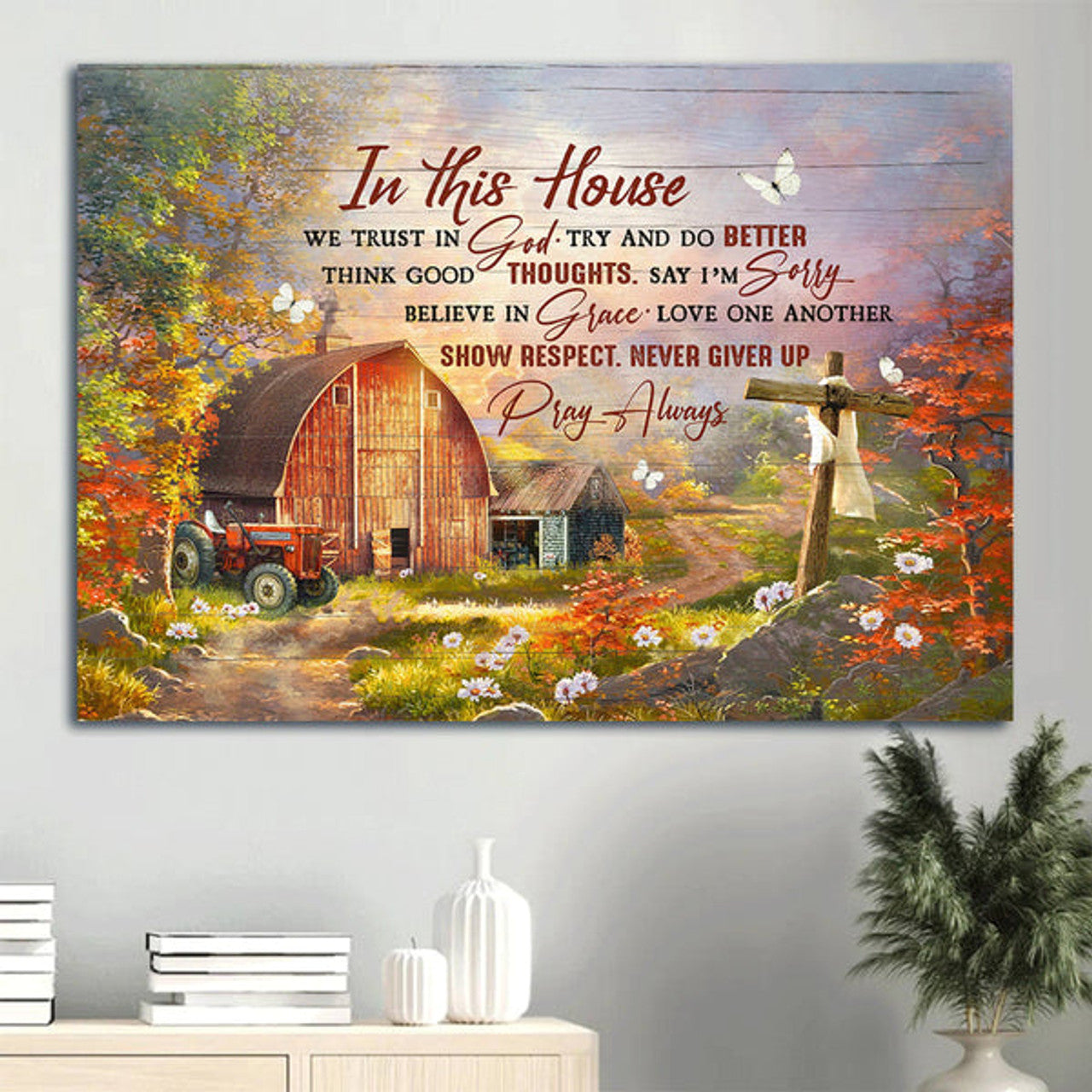 Autumn Season Wooden Cross Rustic Farmhouse Farm Canvas In This House We Trust In God Canvas Wall Art - Christian Wall Decor