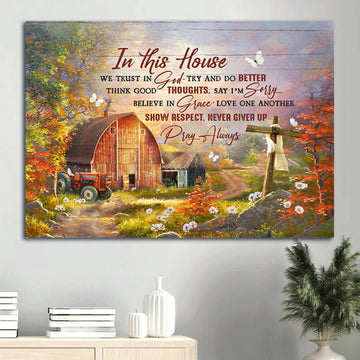 Autumn Season Wooden Cross Rustic Farmhouse Farm Canvas In This House We Trust In God Canvas Wall Art - Christian Wall Decor