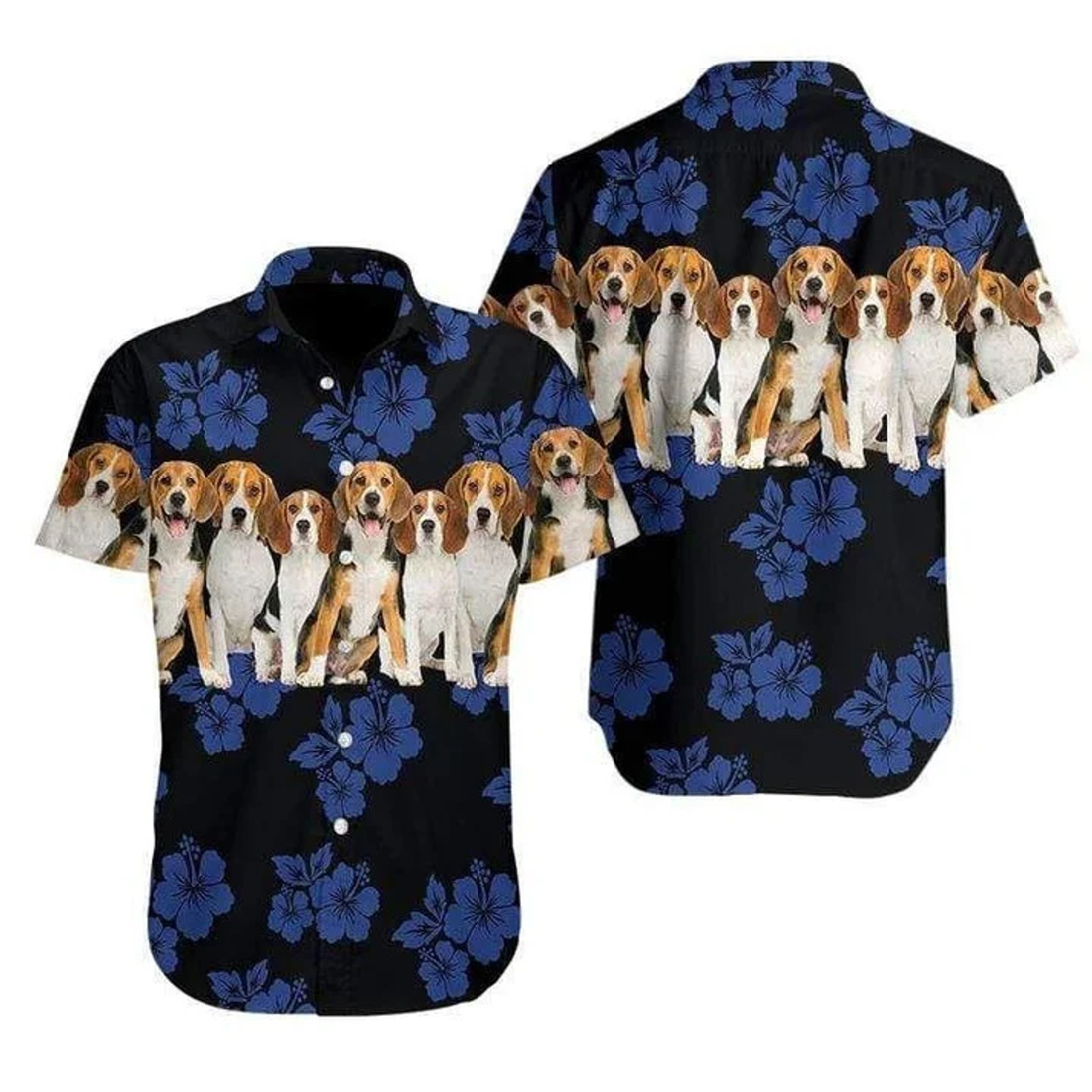 Beagle Hawaiian shirt, Dog Hawaiian shirt, Tropical Hibiscus On Black Pattern Hawaiian Shirt