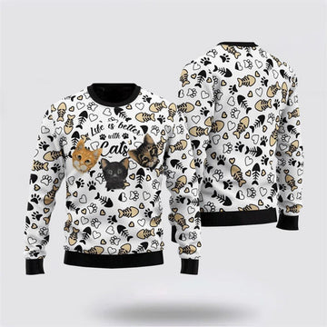FUNSTUFFPRINT Awesome Cat Sweater Life Is Better With Cats Ugly Christmas Sweater For Men And Women, Best Gift For Christmas, Christmas Fashion Winter Ugly  Sweater