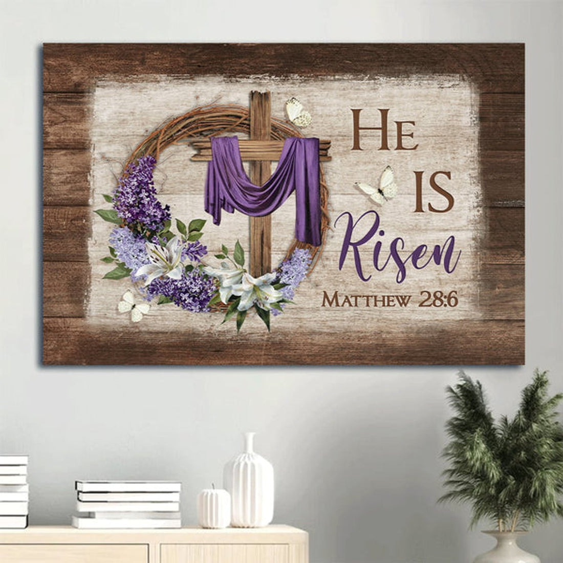 Awesome Cross White Butterfly Floral Wreath Purple Silk Canvas He Is Risen Canvas Wall Art - Christian Wall Decor