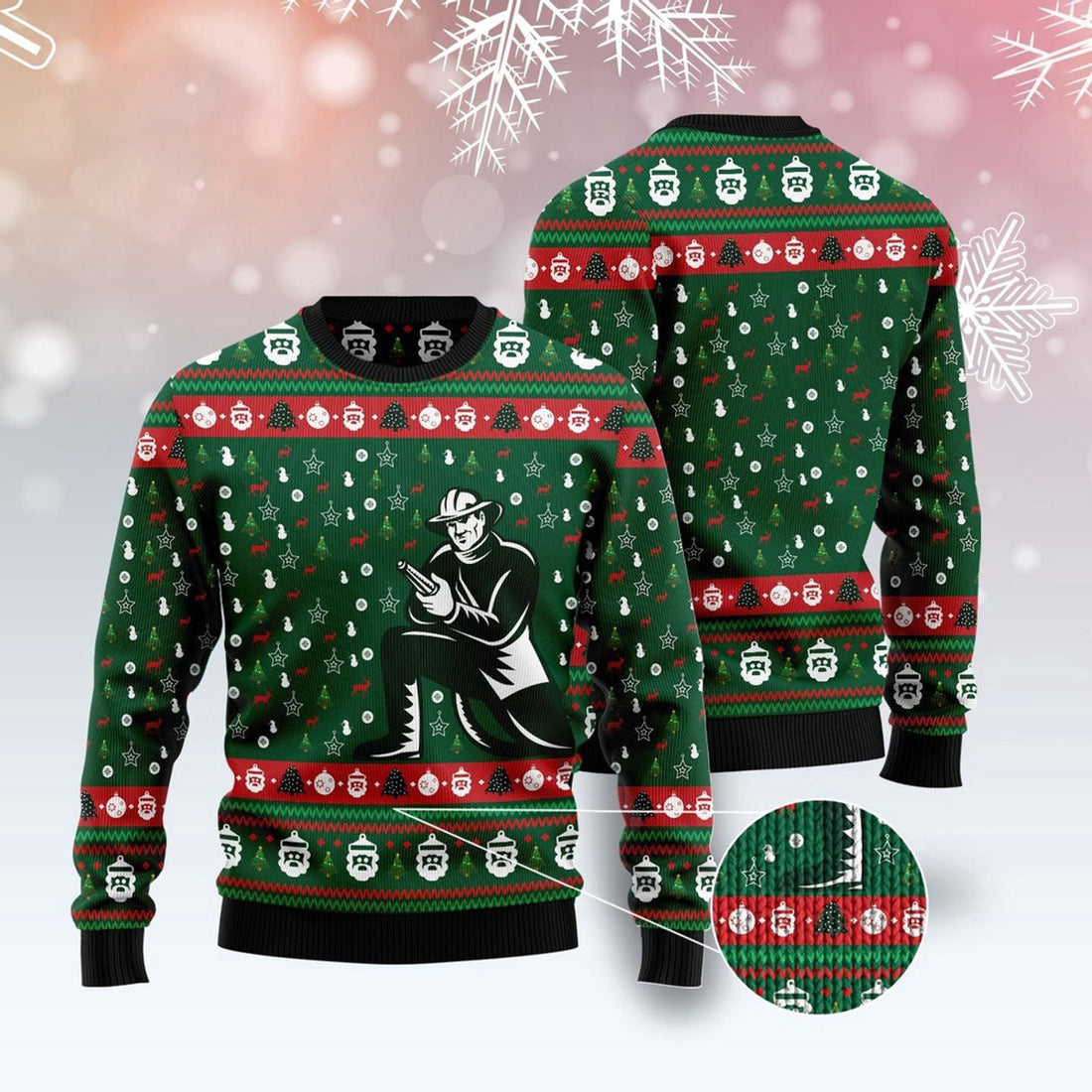 FUNSTUFFPRINT Awesome Firefighter Pattern Green Ugly Christmas Sweater, Christmas Sweater, Ugly Sweater, Funny Xmas Sweaters Ugly Sweater