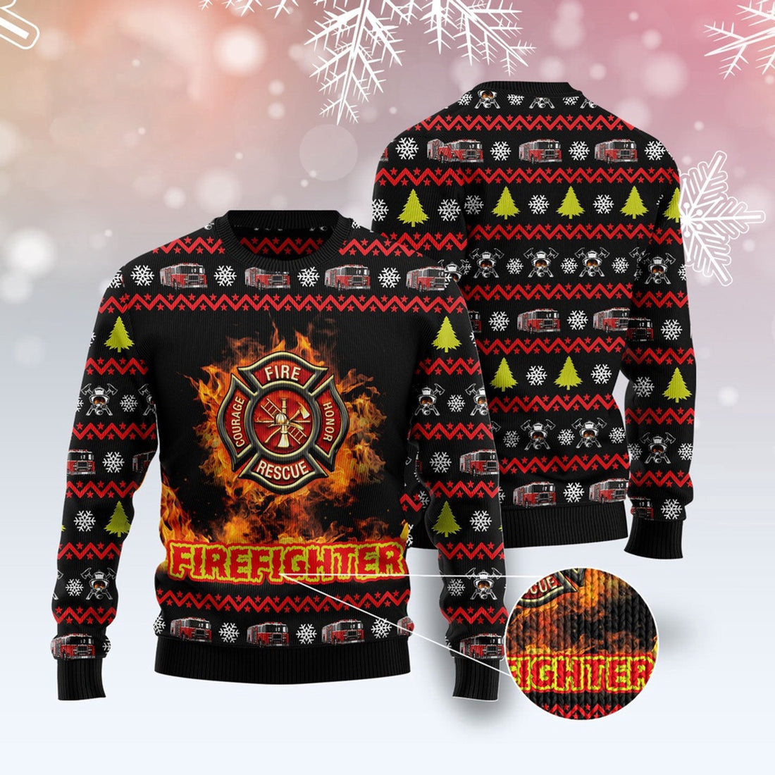 FUNSTUFFPRINT Awesome Firefighter Red Ugly Christmas Sweater, Christmas Sweater, Ugly Sweater, Funny Xmas Sweaters Ugly Sweater