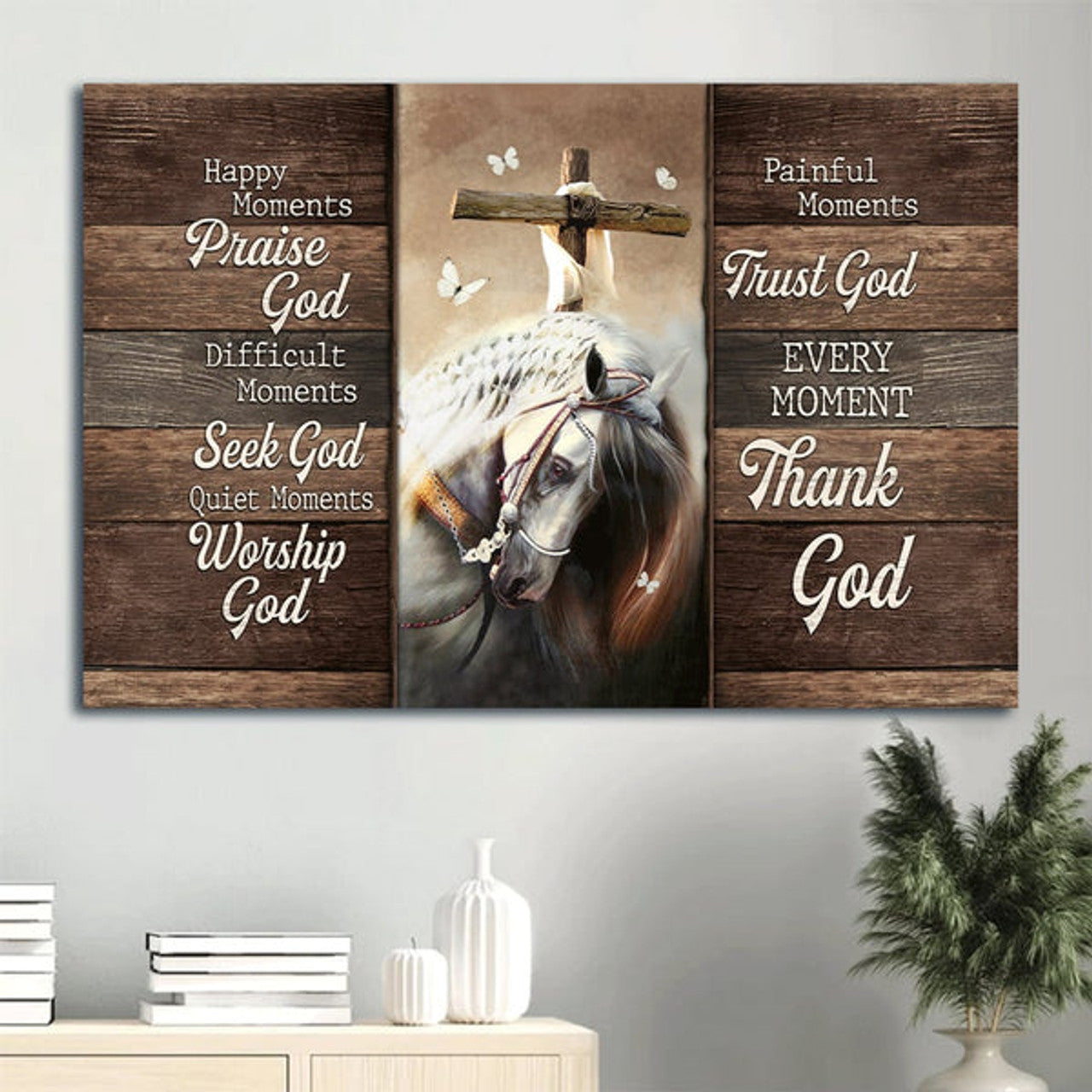 Awesome Horse Painting Lovely White Butterfly Wooden Cross Canvas Every Moment Thank God Canvas Wall Art - Christian Wall Decor