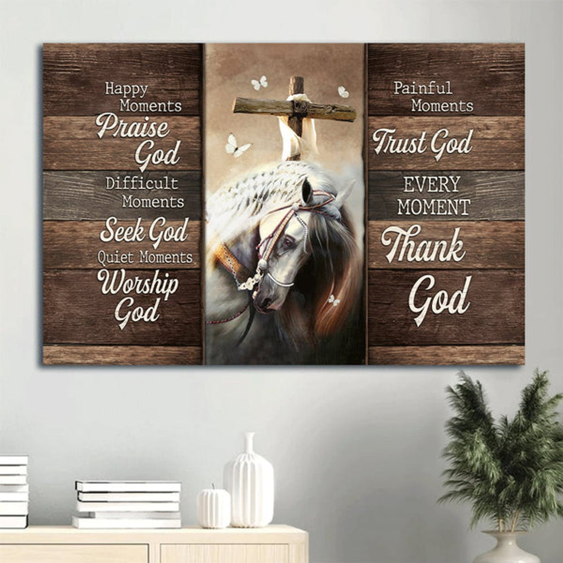 Awesome Horse Painting Lovely White Butterfly Wooden Cross Canvas Every Moment Thank God Canvas Wall Art - Christian Wall Decor