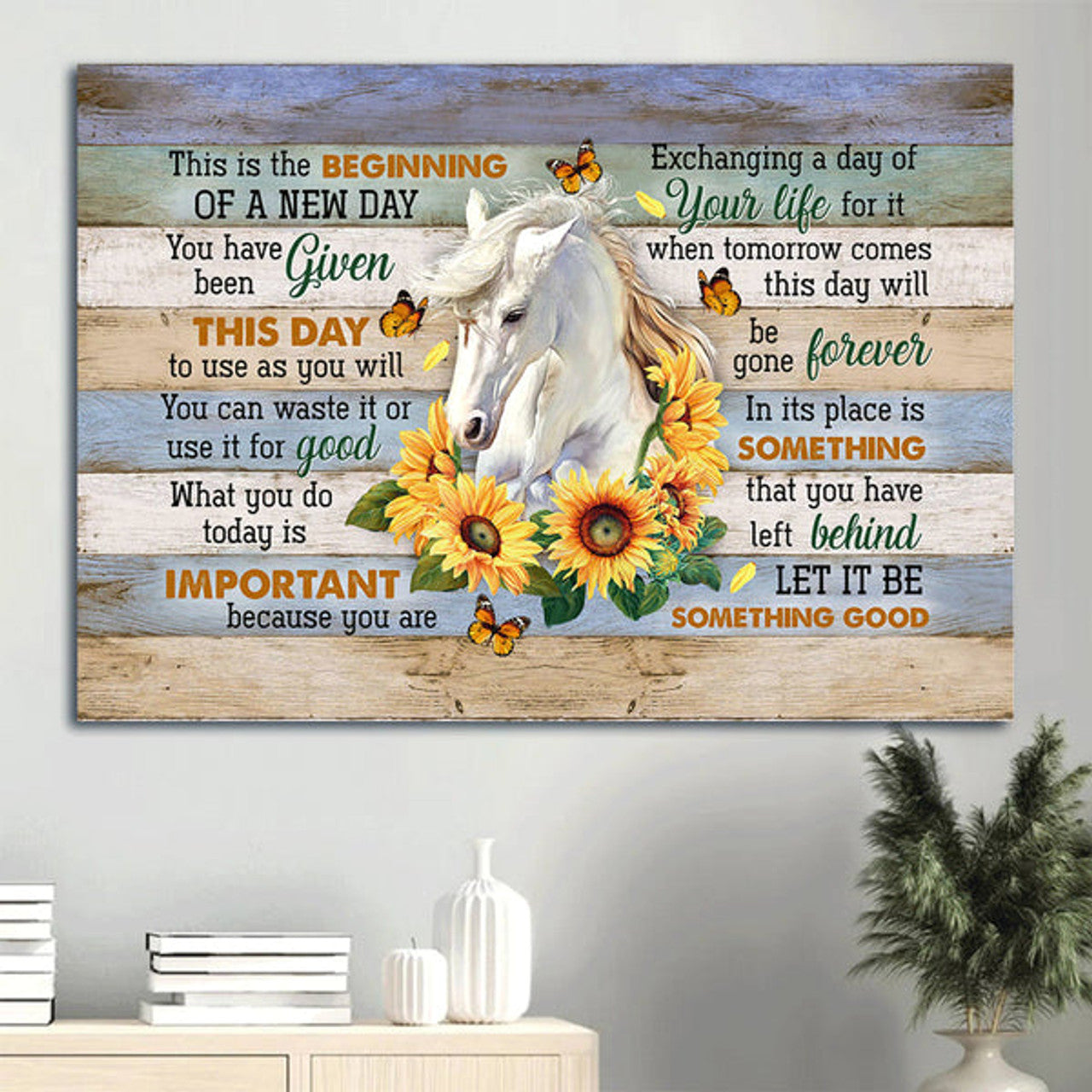 Awesome Horse Sunflower Orange Butterfly This Is The Beginning Of A New Day Canvas Wall Art - Christian Wall Decor