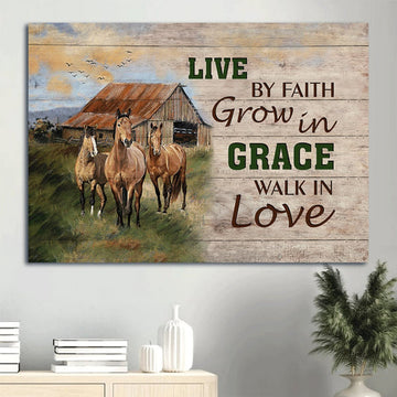 Awesome Horses Peaceful Meadow Farm Animal Canvas Live By Faith Walk In Love Canvas Wall Art - Christian Wall Decor