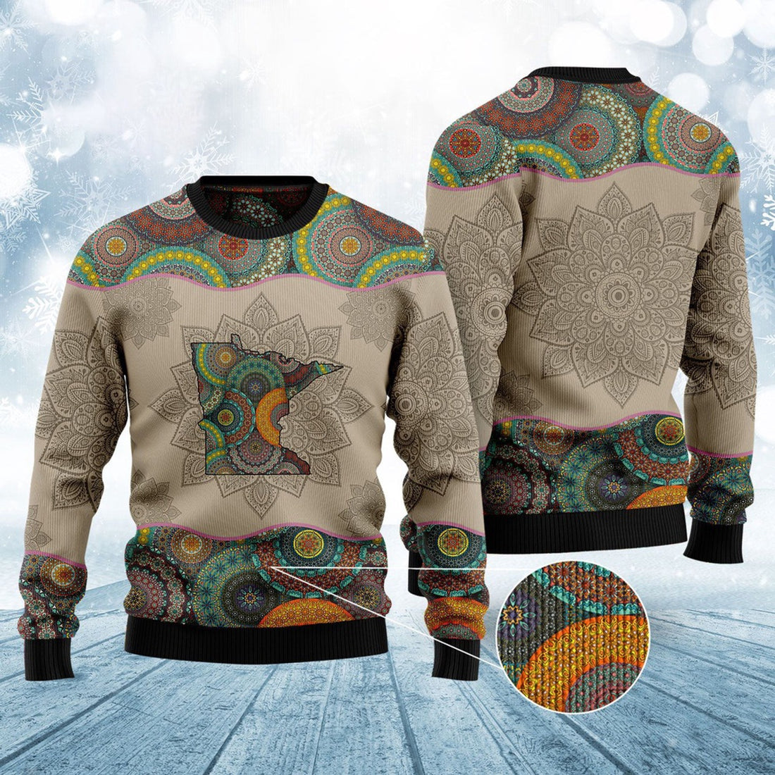 FUNSTUFFPRINT Awesome Minnesota Mandala Ugly Christmas Sweater, Christmas Sweater, Ugly Sweater, Funny Xmas Sweaters Ugly Sweater