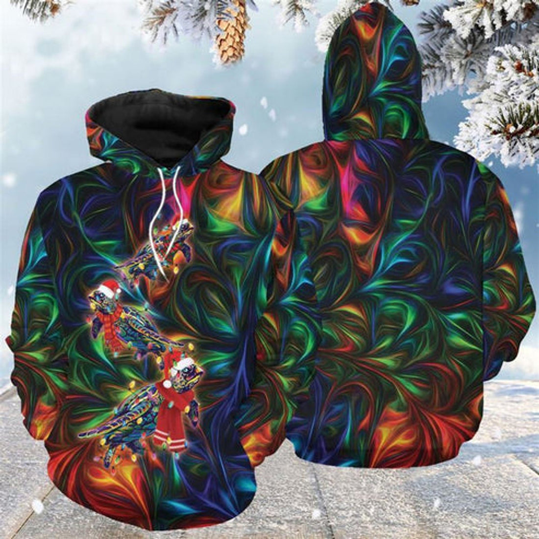 FUNSTUFFPRINT 3D Awesome Turtle Christmas All Over 3D Hoodie and Zip Hoodie