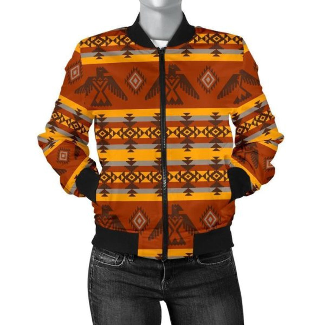 FUNSTUFFPRINT Aztec Eagle Pattern Print Women Casual 3D Bomber Jacket
